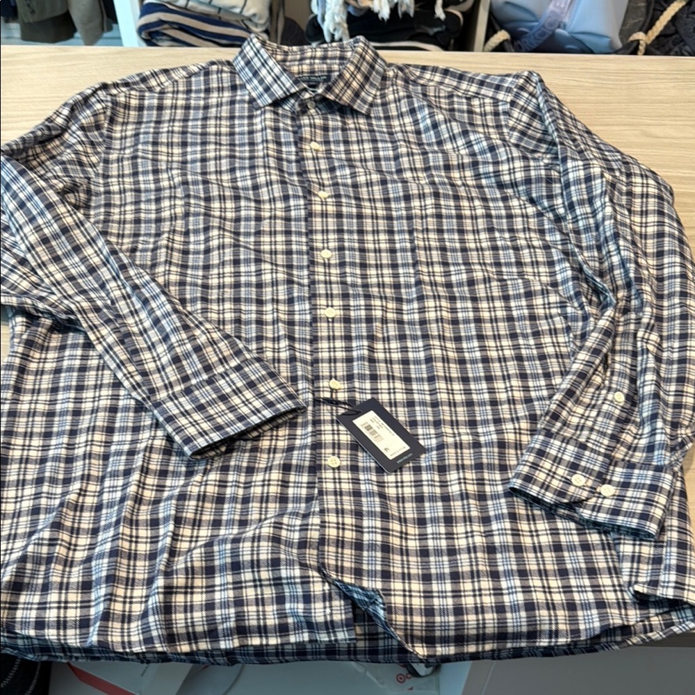 NWT Peter Millar Navy & White & Plaid Button-Down Shirt - XXL
